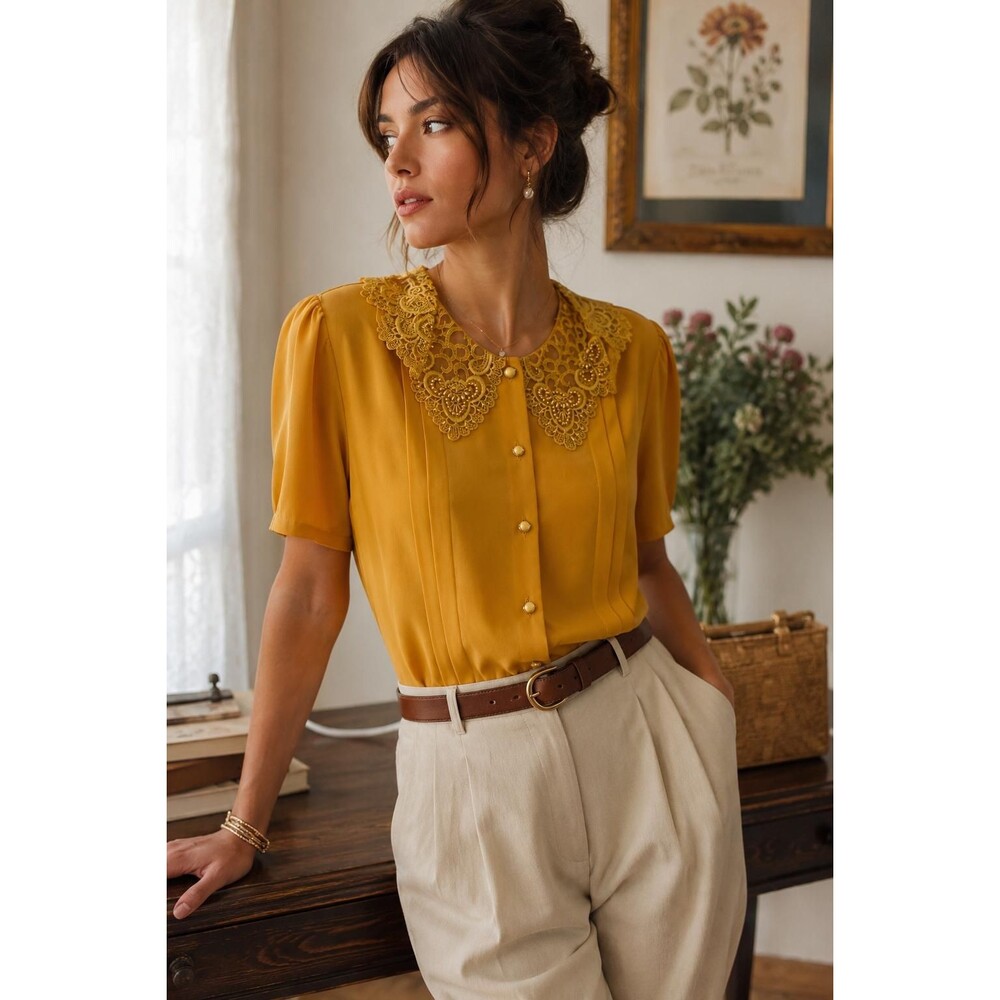 Vintage Mustard Beaded Lace Collar Puff Sleeve Blouse USA - Picture 1 of 12